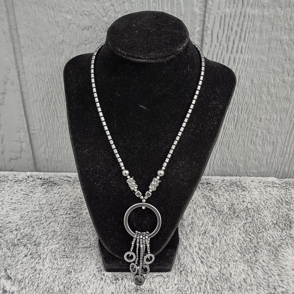 Gunmetal Gray Metallic Charm Fringe Pendant Necklace‎